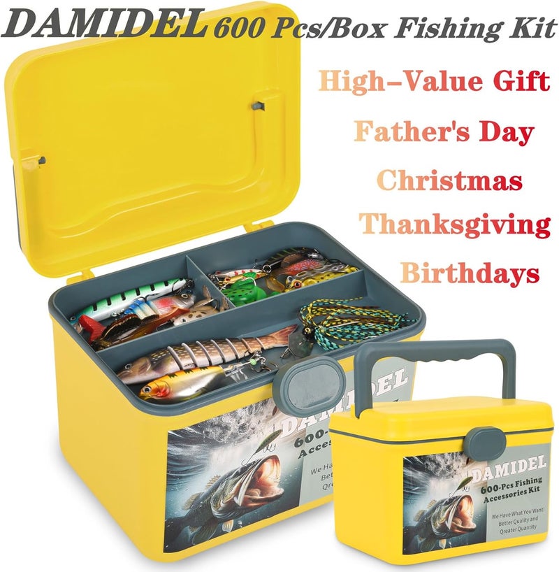 DAMIDEL 600 Pcs/Tackle Box Fishing Kit-Fishing Hooks,Sinkers, Swivels Snaps,Top Water Lure,Spoons,Soft Lures,Jig Heads, Frogs, Minnow, Accessories Equipment- Saltwater Freshwater Bass Bait Gear - Image 2